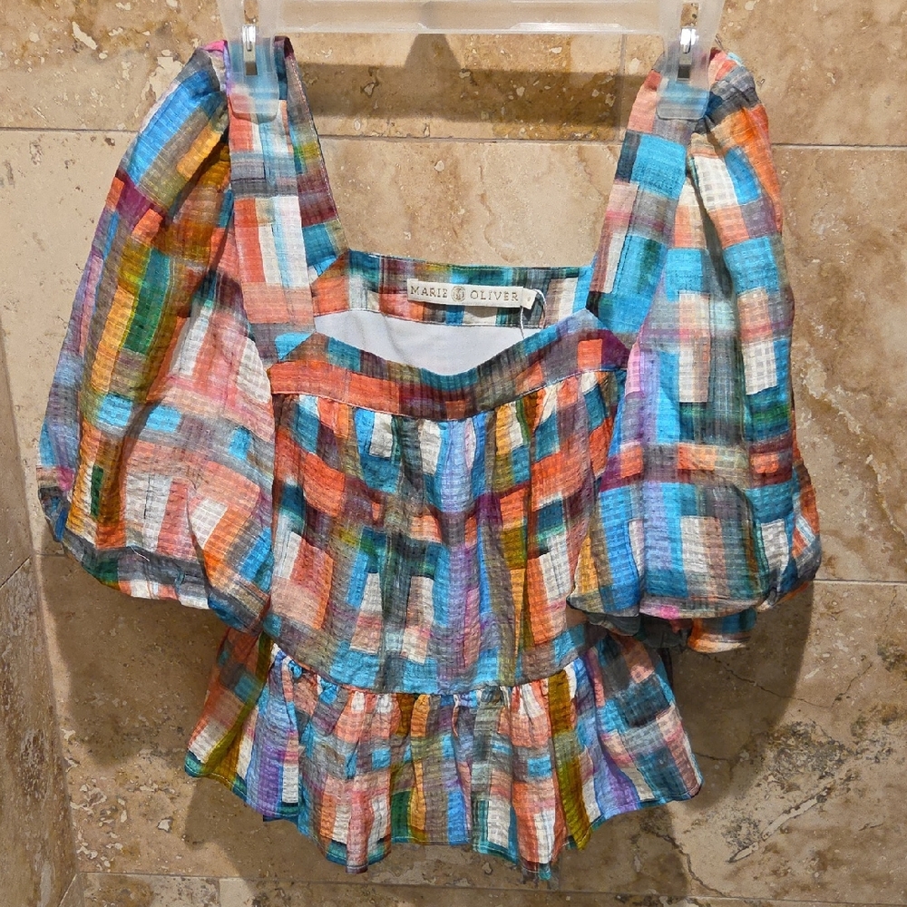 Marie Oliver Colorful Checkered Square Neck Blouse, Blue/Orange 🧡